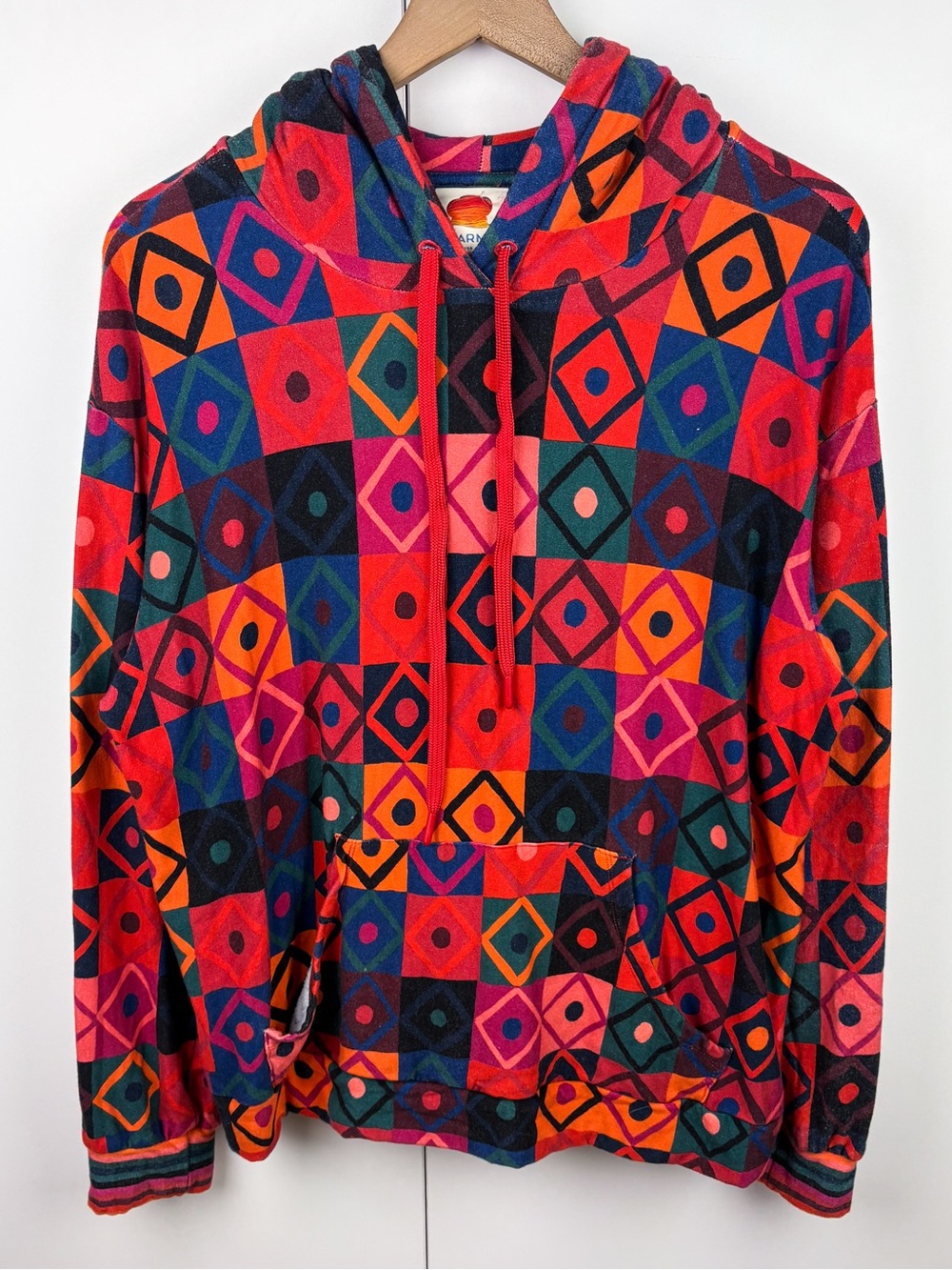Farm Rio Terry Long Sleeve Hoodie Sweatshirt Geo Rainbow Large Geometric Boho - Picture 2 of 7